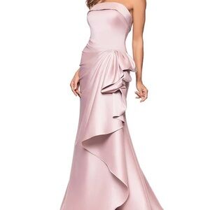 Strapless Xscape Blush Pink Ruched Waist Ruffle Front A-Line Evening Gown